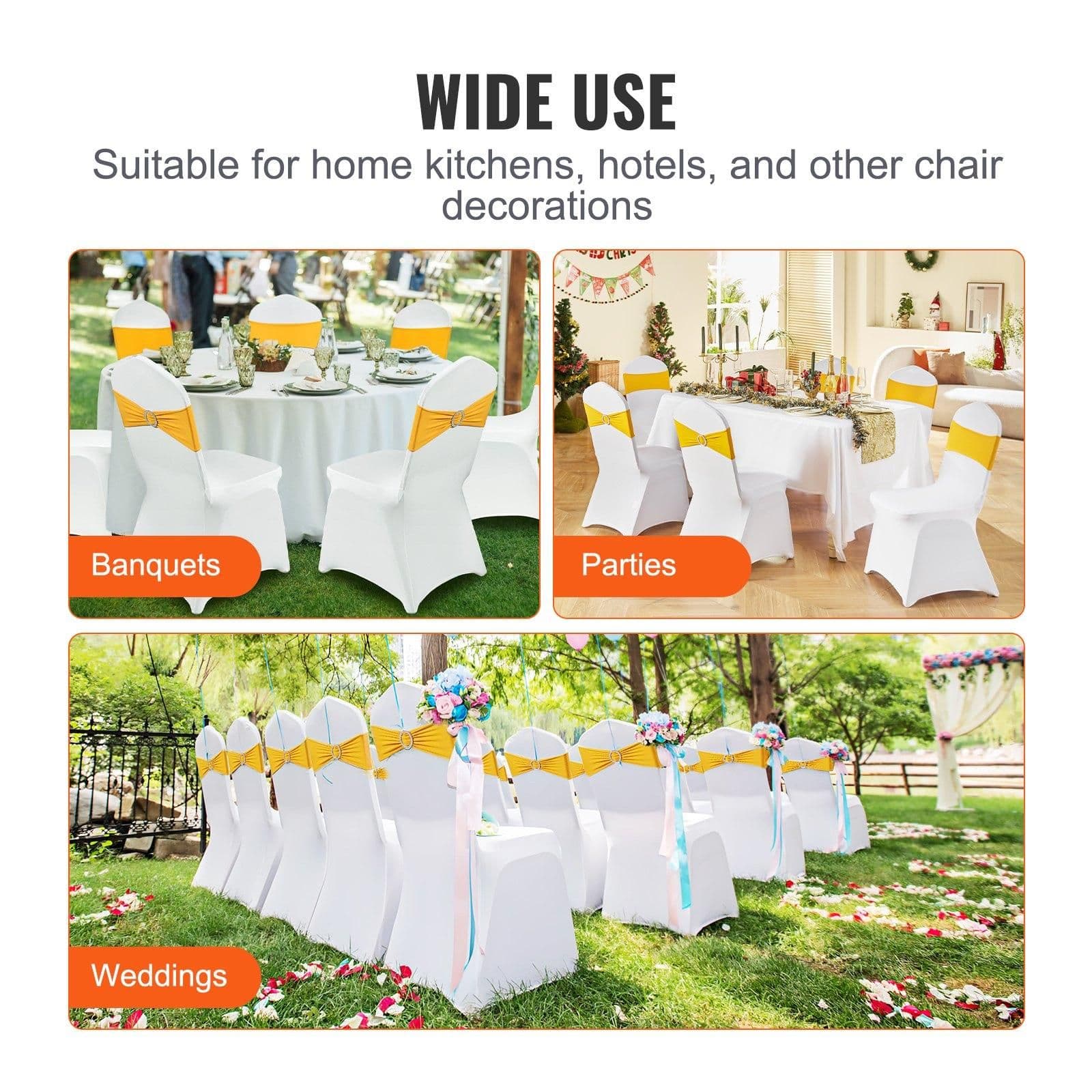 image-VEVOR Stretch Spandex Folding Chair Covers, Universal Fitted Chair Cover with Chair Sashes, Removable Washable Protective Slipcovers, for Wedding, Holiday, Banquet, Party, Dining (30 Set Gold & White)