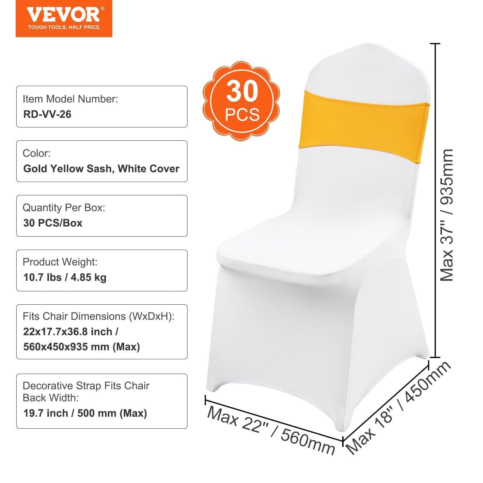 image-VEVOR Stretch Spandex Folding Chair Covers, Universal Fitted Chair Cover with Chair Sashes, Removable Washable Protective Slipcovers, for Wedding, Holiday, Banquet, Party, Dining (30 Set Gold & White)