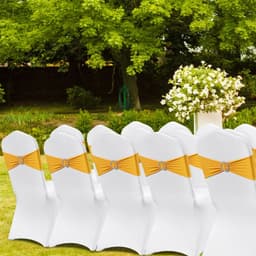 image-VEVOR Stretch Spandex Folding Chair Covers, Universal Fitted Chair Cover with Chair Sashes, Removable Washable Protective Slipcovers, for Wedding, Holiday, Banquet, Party, Dining (30 Set Gold & White)
