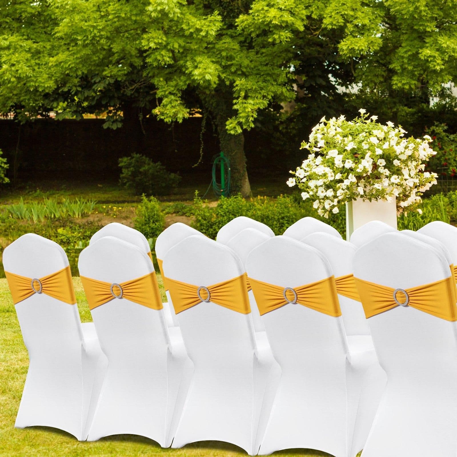 image-VEVOR Stretch Spandex Folding Chair Covers, Universal Fitted Chair Cover with Chair Sashes, Removable Washable Protective Slipcovers, for Wedding, Holiday, Banquet, Party, Dining (30 Set Gold & White)