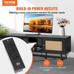 image-VEVOR Rattan TV Stand for 65 inch TV, Boho TV Stand with Rattan Door, Entertainment Center with Build-in Socket and USB Ports, Modern TV Console for Living Room, Media Room, Black