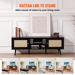 image-VEVOR Rattan TV Stand for 65 inch TV, Boho TV Stand with Rattan Door, Entertainment Center with Build-in Socket and USB Ports, Modern TV Console for Living Room, Media Room, Black