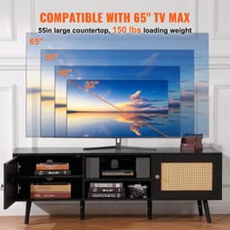 image-VEVOR Rattan TV Stand for 65 inch TV, Boho TV Stand with Rattan Door, Entertainment Center with Build-in Socket and USB Ports, Modern TV Console for Living Room, Media Room, Black