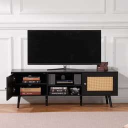 image-VEVOR Rattan TV Stand for 65 inch TV, Boho TV Stand with Rattan Door, Entertainment Center with Build-in Socket and USB Ports, Modern TV Console for Living Room, Media Room, Black