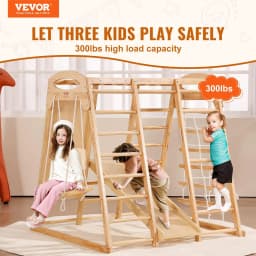image-VEVOR Indoor Jungle Gym, 7-in-1 Toddler Indoor Playground, Wooden Toddler Climbing Toys Indoor with Wood & Rope Ladder, Net Ladder, Swing, Monkey Bar, Slide, Climbing Wall, 43 x 47.2 x 47in
