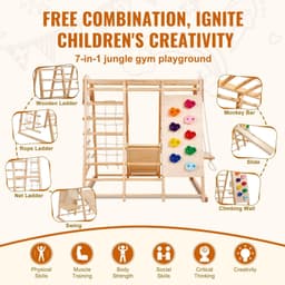 image-VEVOR Indoor Jungle Gym, 7-in-1 Toddler Indoor Playground, Wooden Toddler Climbing Toys Indoor with Wood & Rope Ladder, Net Ladder, Swing, Monkey Bar, Slide, Climbing Wall, 43 x 47.2 x 47in