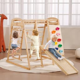 image-VEVOR Indoor Jungle Gym, 7-in-1 Toddler Indoor Playground, Wooden Toddler Climbing Toys Indoor with Wood & Rope Ladder, Net Ladder, Swing, Monkey Bar, Slide, Climbing Wall, 43 x 47.2 x 47in