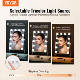 image-VEVOR Hollywood Vanity Mirror With Lights, 12 Dimmable Bulbs & 3 Color Lighting Modes, Makeup Mirror with Detachable 5X Magnification, Smart Touch Control, 360 Degree Rotation(16.1x11.8 in, White)