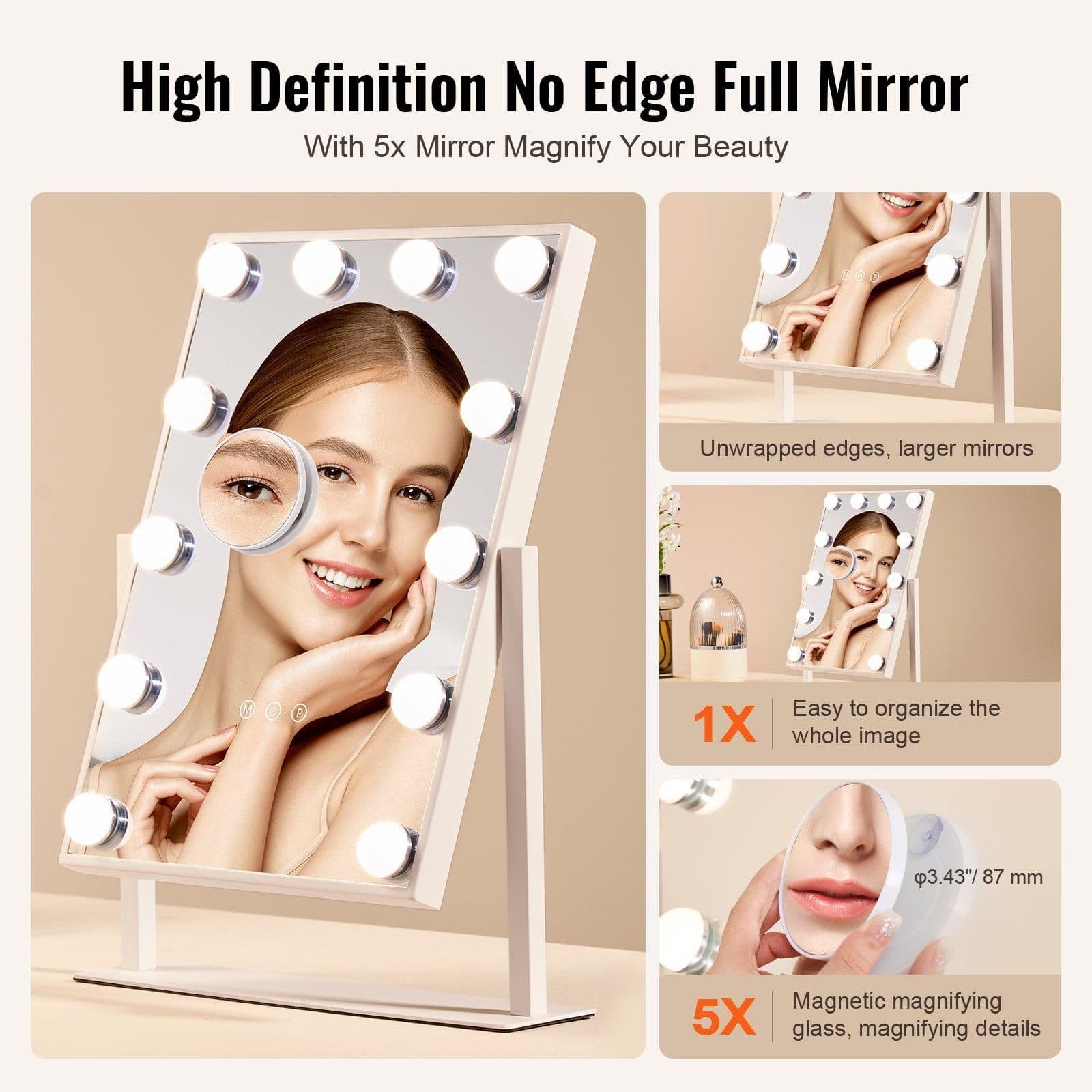 image-VEVOR Hollywood Vanity Mirror With Lights, 12 Dimmable Bulbs & 3 Color Lighting Modes, Makeup Mirror with Detachable 5X Magnification, Smart Touch Control, 360 Degree Rotation(16.1x11.8 in, White)