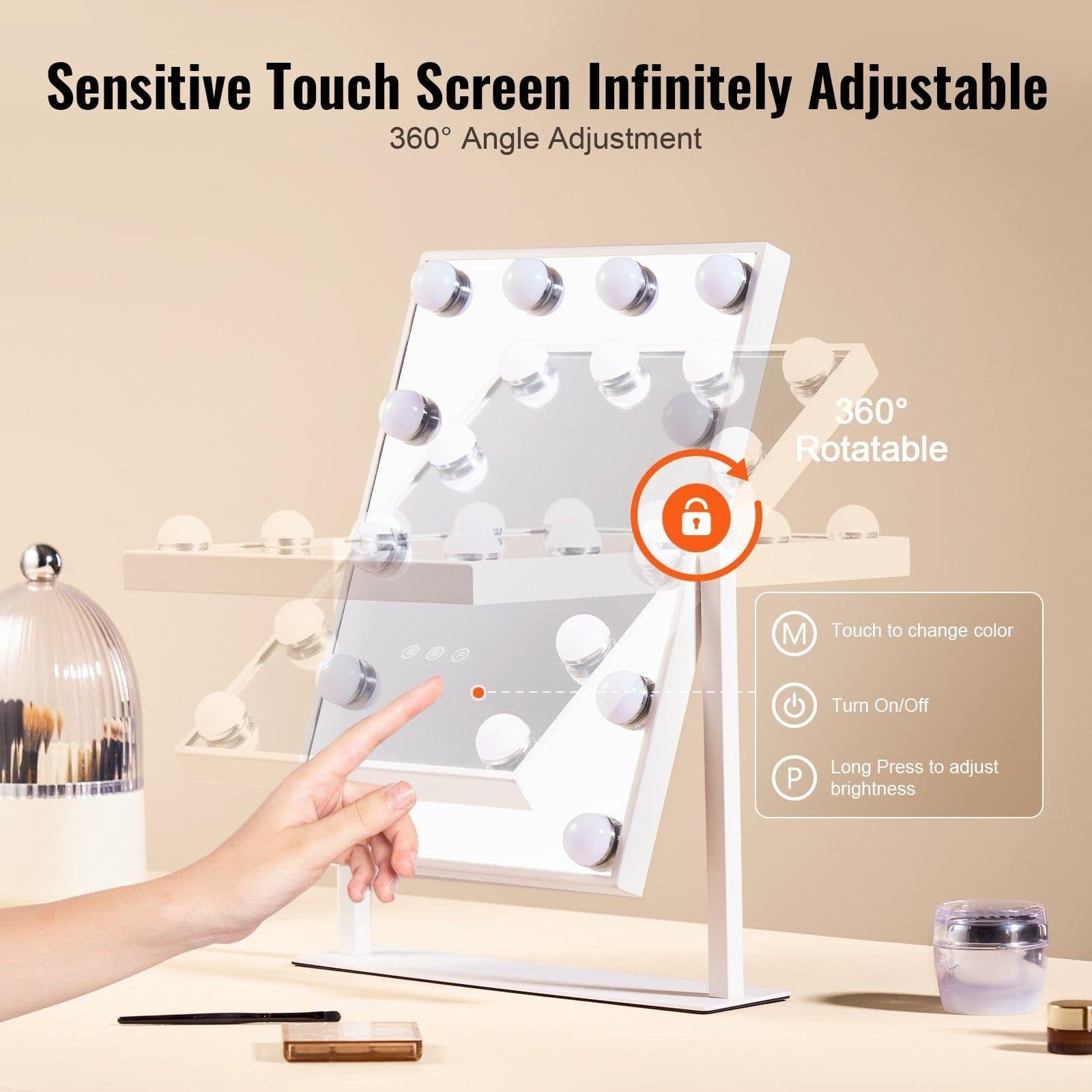image-VEVOR Hollywood Vanity Mirror With Lights, 12 Dimmable Bulbs & 3 Color Lighting Modes, Makeup Mirror with Detachable 5X Magnification, Smart Touch Control, 360 Degree Rotation(16.1x11.8 in, White)