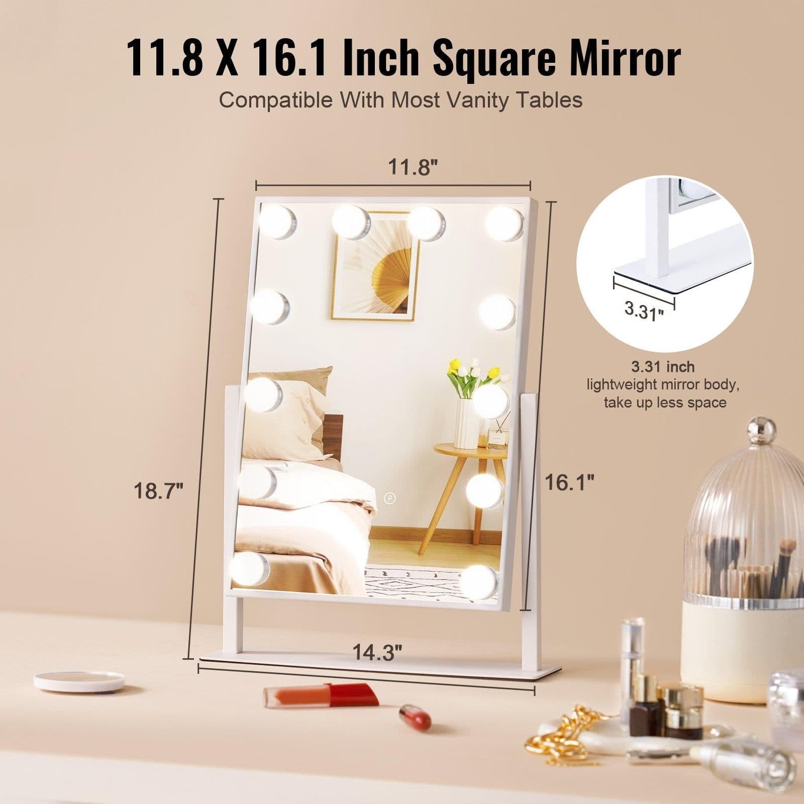 image-VEVOR Hollywood Vanity Mirror With Lights, 12 Dimmable Bulbs & 3 Color Lighting Modes, Makeup Mirror with Detachable 5X Magnification, Smart Touch Control, 360 Degree Rotation(16.1x11.8 in, White)