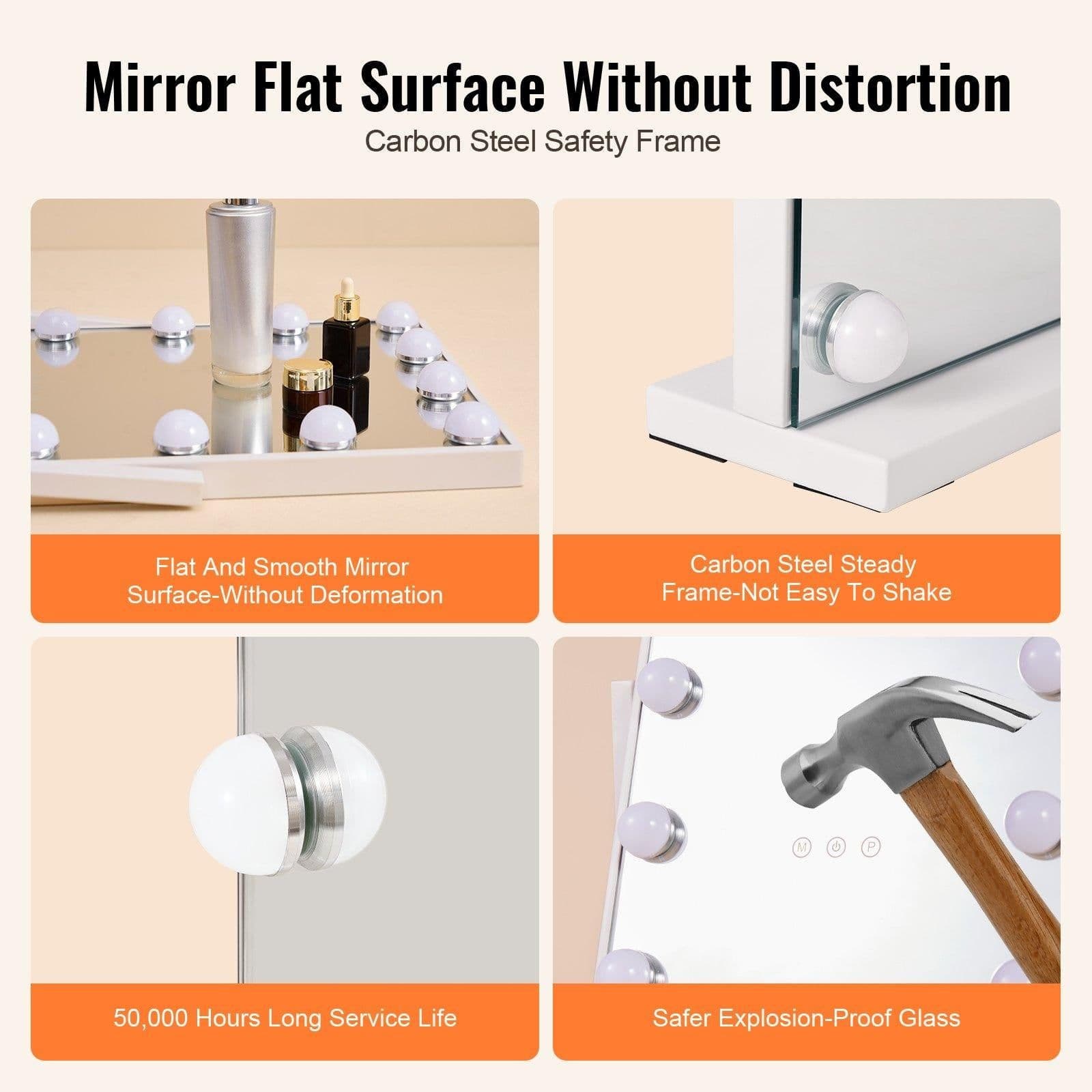 image-VEVOR Hollywood Vanity Mirror With Lights, 12 Dimmable Bulbs & 3 Color Lighting Modes, Makeup Mirror with Detachable 5X Magnification, Smart Touch Control, 360 Degree Rotation(16.1x11.8 in, White)