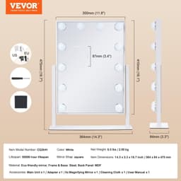 image-VEVOR Hollywood Vanity Mirror With Lights, 12 Dimmable Bulbs & 3 Color Lighting Modes, Makeup Mirror with Detachable 5X Magnification, Smart Touch Control, 360 Degree Rotation(16.1x11.8 in, White)