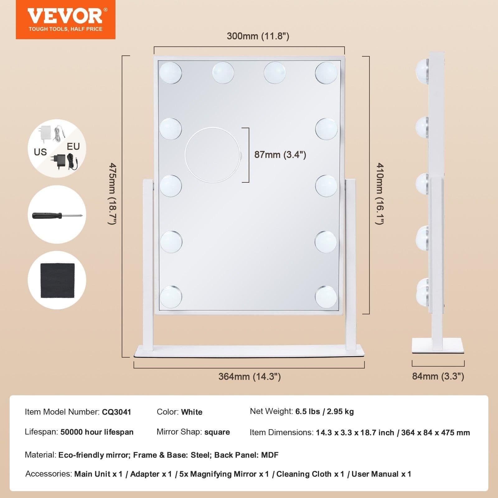image-VEVOR Hollywood Vanity Mirror With Lights, 12 Dimmable Bulbs & 3 Color Lighting Modes, Makeup Mirror with Detachable 5X Magnification, Smart Touch Control, 360 Degree Rotation(16.1x11.8 in, White)