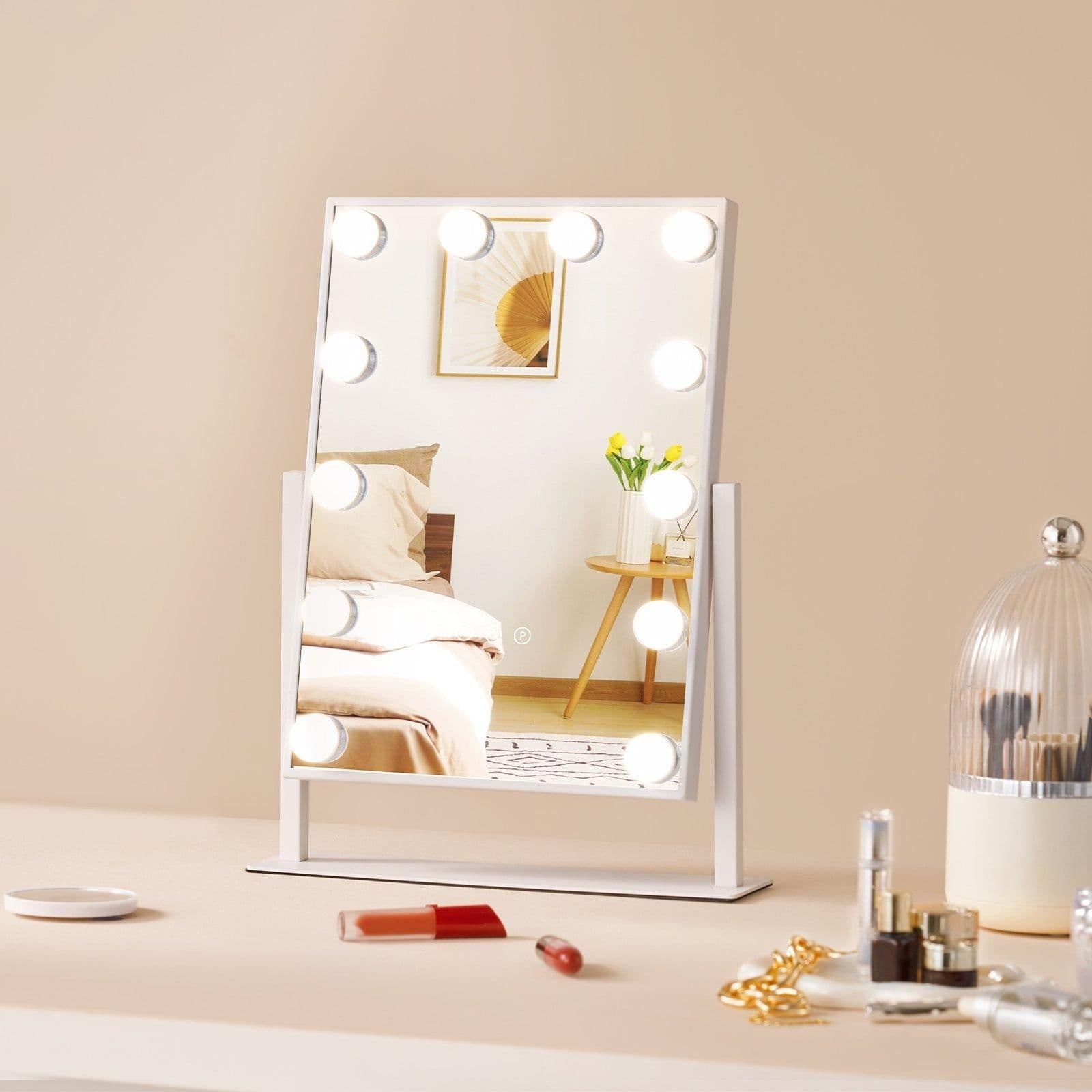 image-VEVOR Hollywood Vanity Mirror With Lights, 12 Dimmable Bulbs & 3 Color Lighting Modes, Makeup Mirror with Detachable 5X Magnification, Smart Touch Control, 360 Degree Rotation(16.1x11.8 in, White)