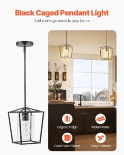 image-VEVOR 1-Light Black Pendant Light, 1 Pack, Farmhouse Iron Cage Metal Pendant Lighting with Clear Glass Shade, Adjustable Height Hanging Ceiling Lighting for Bedroom, Hallway, Entryway, Kitchen