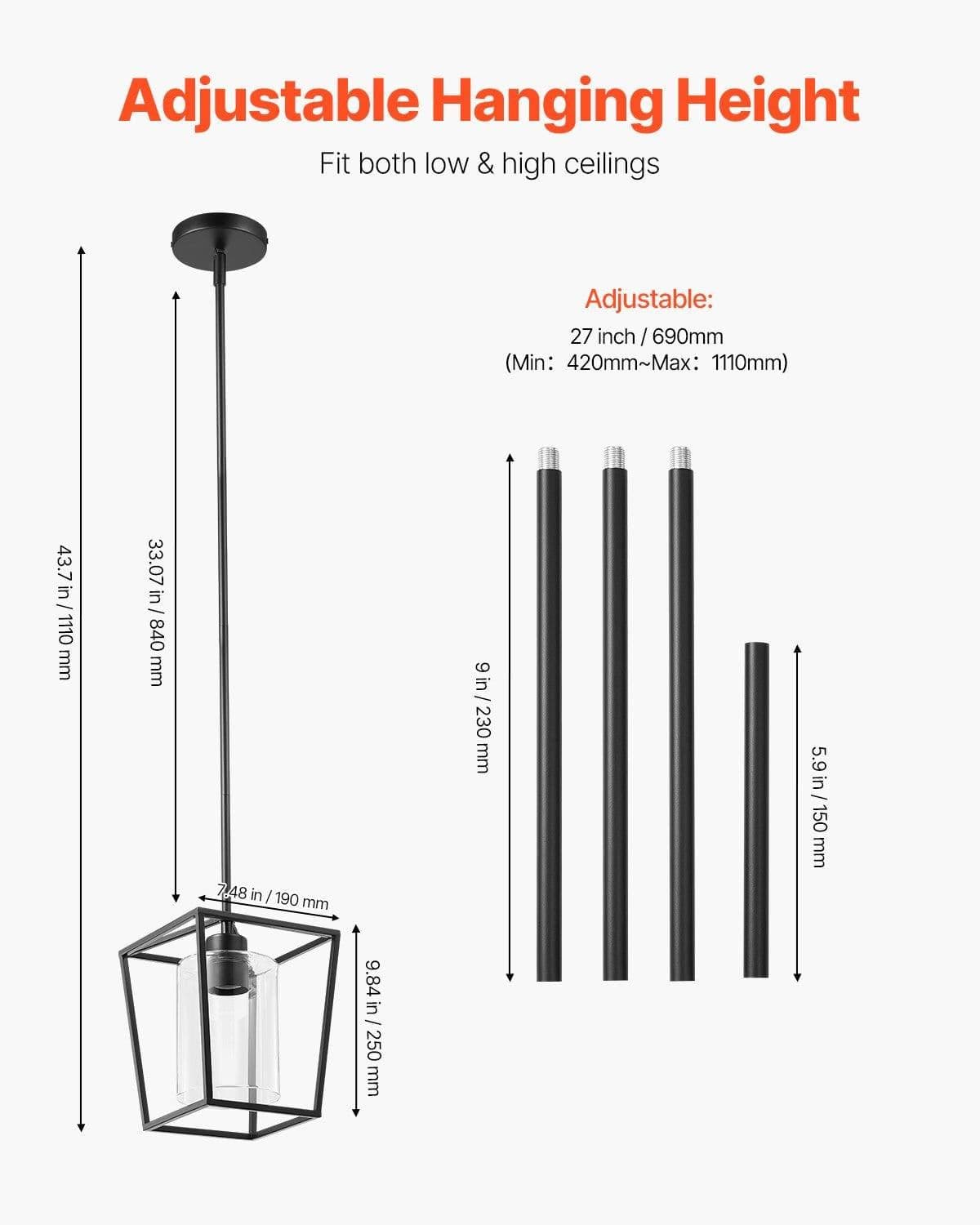 image-VEVOR 1-Light Black Pendant Light, 1 Pack, Farmhouse Iron Cage Metal Pendant Lighting with Clear Glass Shade, Adjustable Height Hanging Ceiling Lighting for Bedroom, Hallway, Entryway, Kitchen