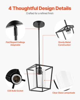 image-VEVOR 1-Light Black Pendant Light, 1 Pack, Farmhouse Iron Cage Metal Pendant Lighting with Clear Glass Shade, Adjustable Height Hanging Ceiling Lighting for Bedroom, Hallway, Entryway, Kitchen