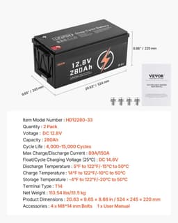 image-VEVOR 2 Pack 12V 280Ah LiFePO4 Battery, Up to 15000 Cycles, Deep Cycle Lithium Iron Phosphate Battery with Built-in BMS, Low Temp Protection, 10 Years Lifetime, for Solar Off-Grid Home Energy Storage
