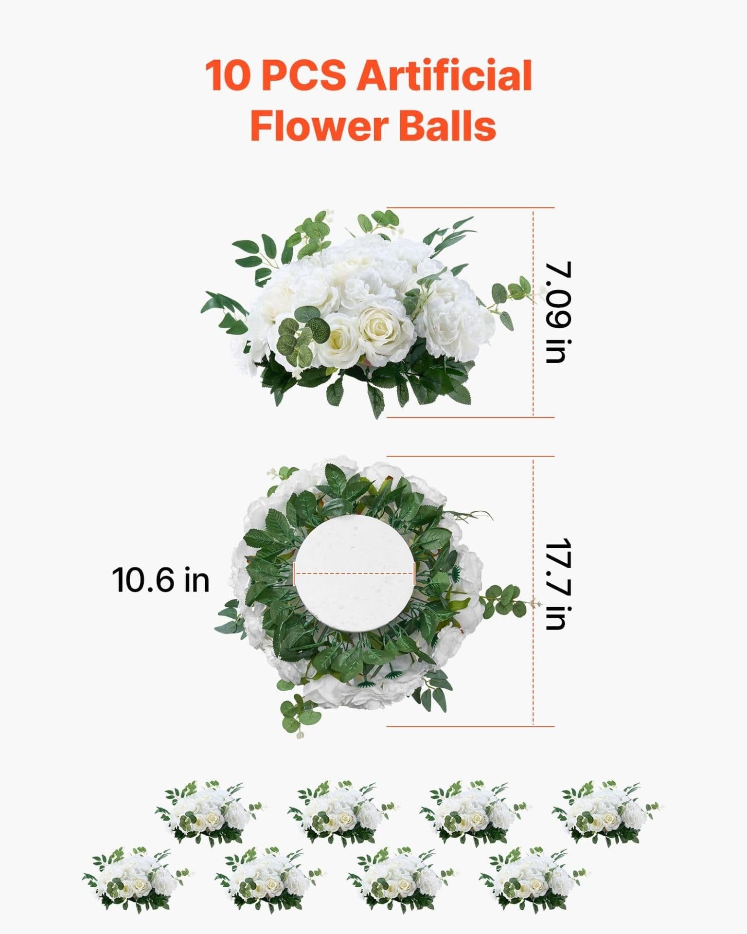 image-VEVOR Flower Balls Arrangement Bouquet 10 PCS, 17.7-Inch Diameter Artificial Flower Balls Wedding White Roses Centerpieces, Faux Flowers Arrangements for Wedding Centerpiece Home Table Decorations
