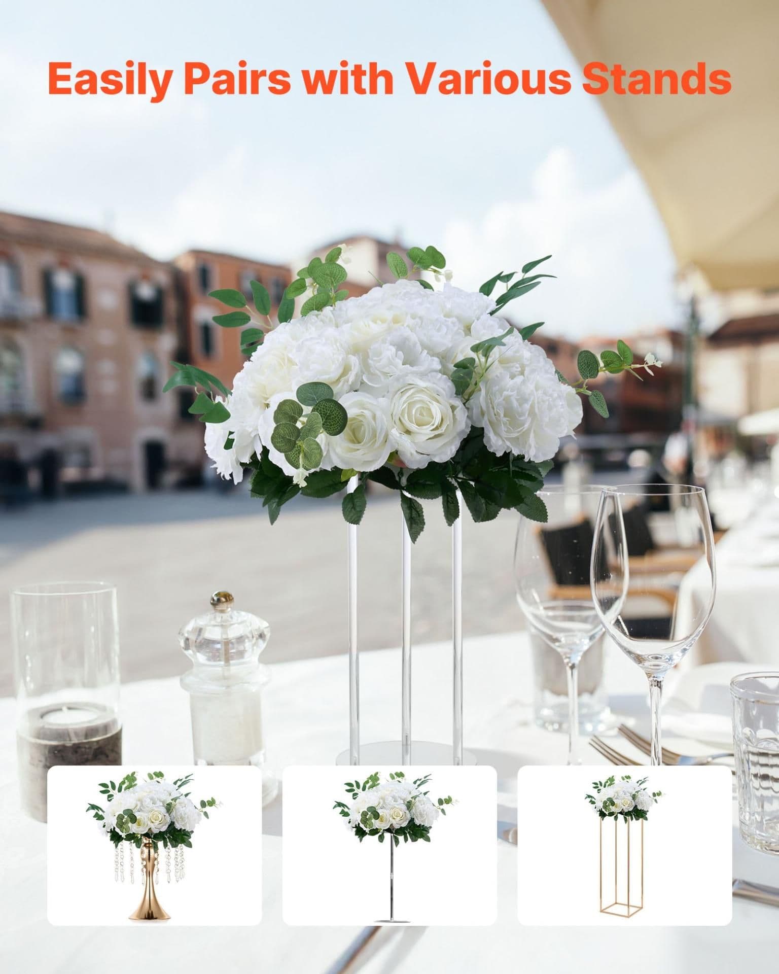 image-VEVOR Flower Balls Arrangement Bouquet 10 PCS, 17.7-Inch Diameter Artificial Flower Balls Wedding White Roses Centerpieces, Faux Flowers Arrangements for Wedding Centerpiece Home Table Decorations