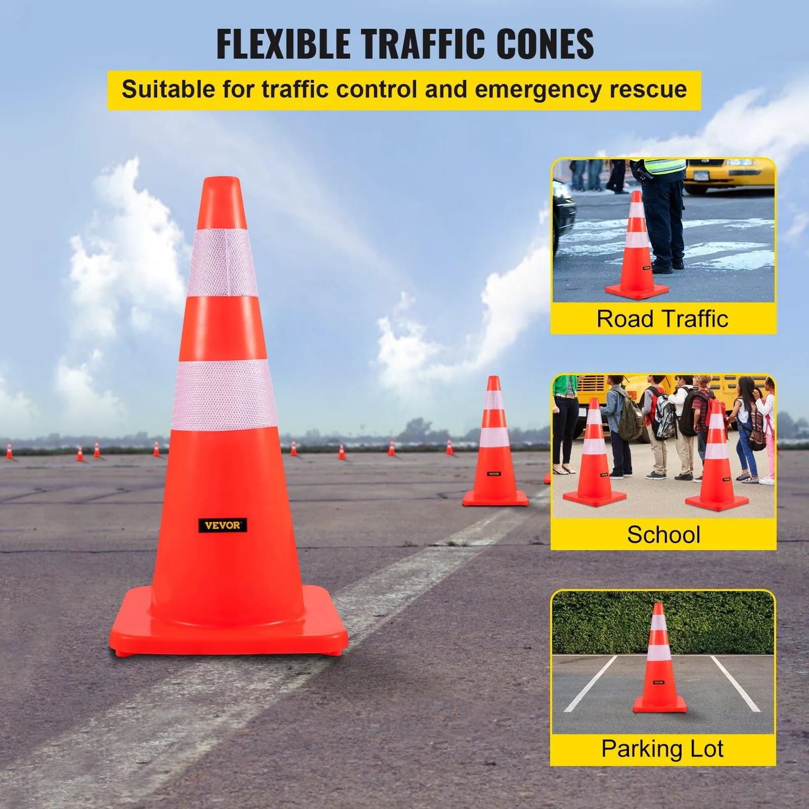 image-VEVOR Safety Cones, 28 in/73 cm Height, 12 PCS PVC Orange Traffic Cone with 2 Reflective Collars and Weighted Base, Used for Traffic Control, Driveway Road Parking and School Improvement