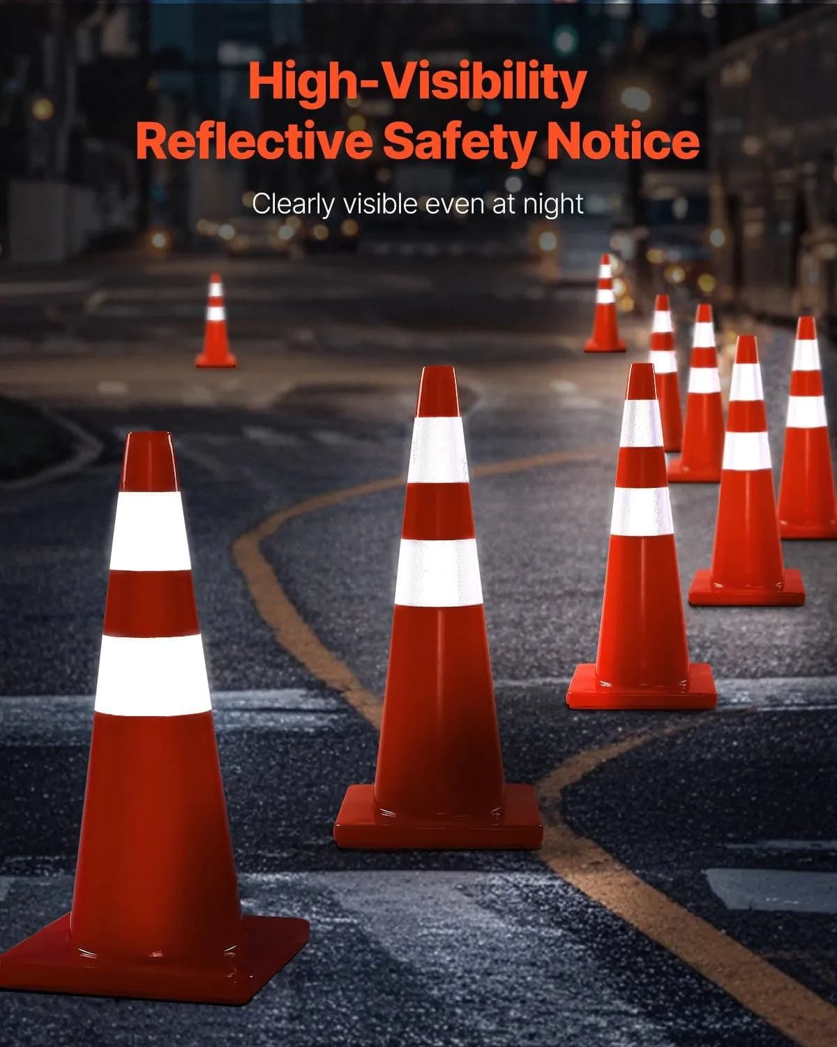 image-VEVOR Safety Cones, 28 in/73 cm Height, 12 PCS PVC Orange Traffic Cone with 2 Reflective Collars and Weighted Base, Used for Traffic Control, Driveway Road Parking and School Improvement