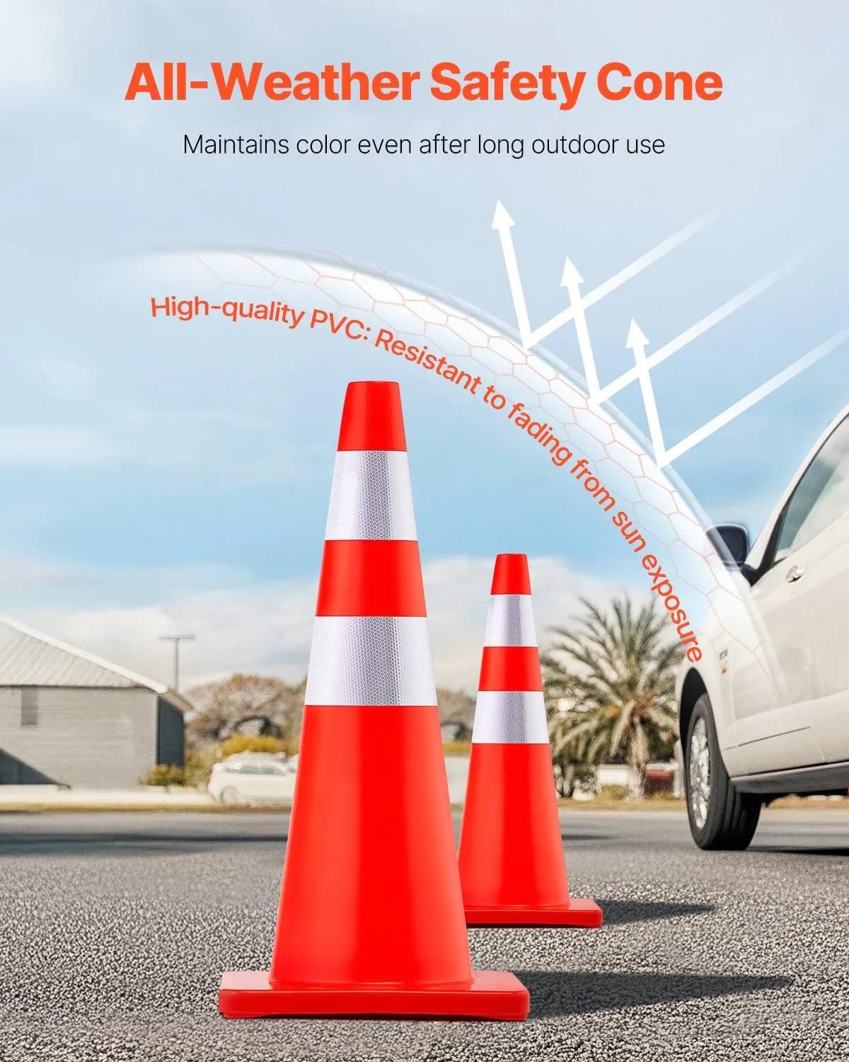 image-VEVOR Safety Cones, 28 in/73 cm Height, 12 PCS PVC Orange Traffic Cone with 2 Reflective Collars and Weighted Base, Used for Traffic Control, Driveway Road Parking and School Improvement