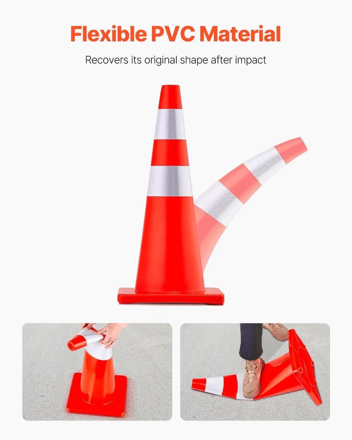 image-VEVOR Safety Cones, 28 in/73 cm Height, 12 PCS PVC Orange Traffic Cone with 2 Reflective Collars and Weighted Base, Used for Traffic Control, Driveway Road Parking and School Improvement
