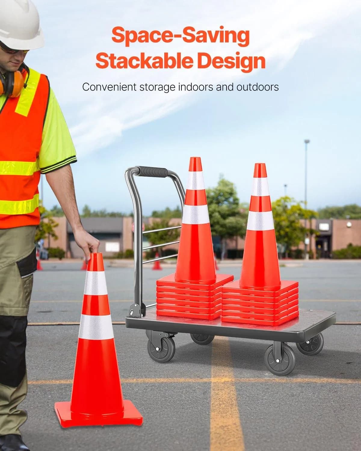 image-VEVOR Safety Cones, 28 in/73 cm Height, 12 PCS PVC Orange Traffic Cone with 2 Reflective Collars and Weighted Base, Used for Traffic Control, Driveway Road Parking and School Improvement