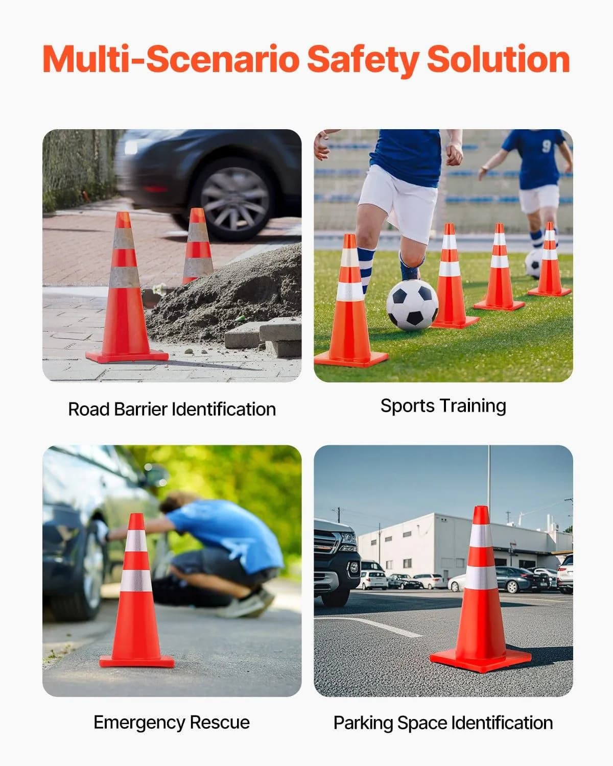 image-VEVOR Safety Cones, 28 in/73 cm Height, 12 PCS PVC Orange Traffic Cone with 2 Reflective Collars and Weighted Base, Used for Traffic Control, Driveway Road Parking and School Improvement