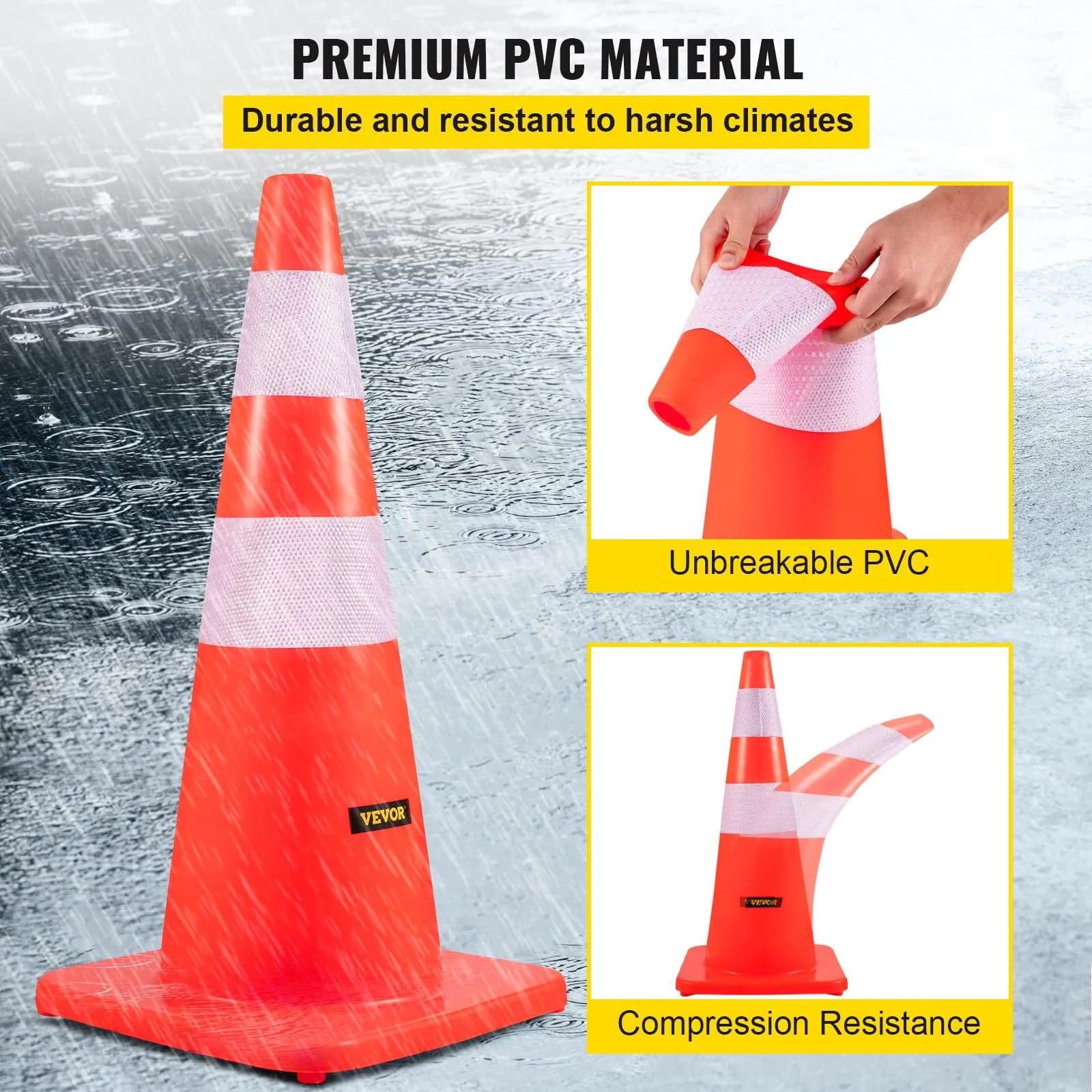 image-VEVOR Safety Cones, 28 in/73 cm Height, 12 PCS PVC Orange Traffic Cone with 2 Reflective Collars and Weighted Base, Used for Traffic Control, Driveway Road Parking and School Improvement