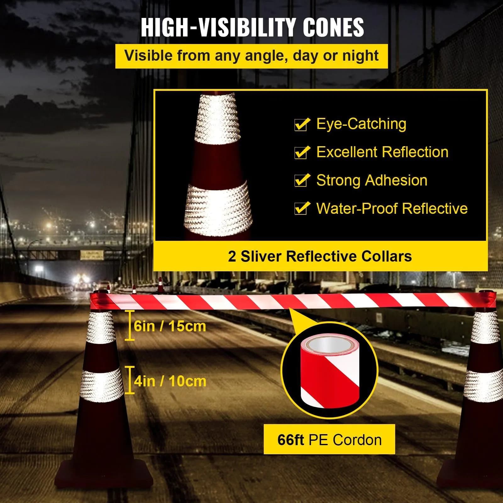image-VEVOR Safety Cones, 28 in/73 cm Height, 12 PCS PVC Orange Traffic Cone with 2 Reflective Collars and Weighted Base, Used for Traffic Control, Driveway Road Parking and School Improvement