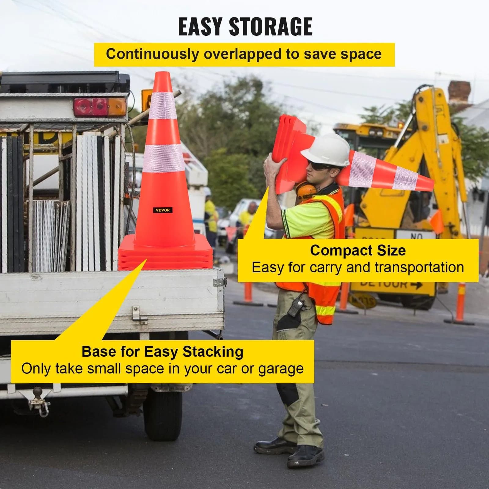 image-VEVOR Safety Cones, 28 in/73 cm Height, 12 PCS PVC Orange Traffic Cone with 2 Reflective Collars and Weighted Base, Used for Traffic Control, Driveway Road Parking and School Improvement