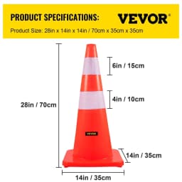 image-VEVOR Safety Cones, 28 in/73 cm Height, 12 PCS PVC Orange Traffic Cone with 2 Reflective Collars and Weighted Base, Used for Traffic Control, Driveway Road Parking and School Improvement