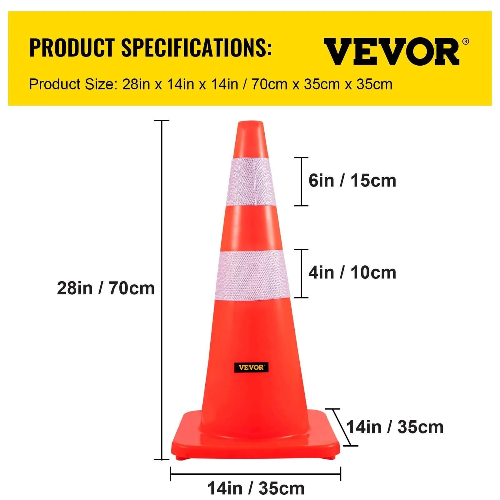 image-VEVOR Safety Cones, 28 in/73 cm Height, 12 PCS PVC Orange Traffic Cone with 2 Reflective Collars and Weighted Base, Used for Traffic Control, Driveway Road Parking and School Improvement