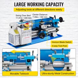 image-VEVOR Metal Lathe 7"x12",Precision Bench Top Mini Metal Lathe 550W, Metal Lathe Variable Speed 50-2500 RPM Nylon Gear With A Movable Lamp for Precision Parts Processing