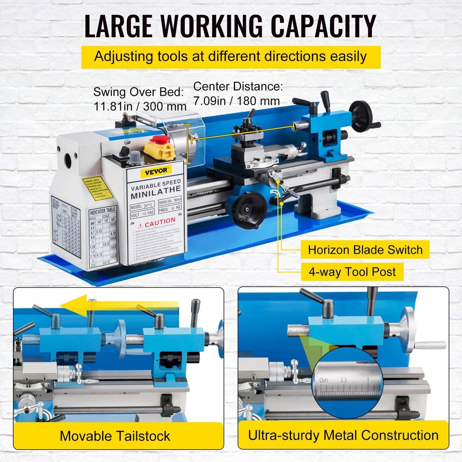 image-VEVOR Metal Lathe 7"x12",Precision Bench Top Mini Metal Lathe 550W, Metal Lathe Variable Speed 50-2500 RPM Nylon Gear With A Movable Lamp for Precision Parts Processing