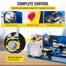 image-VEVOR Metal Lathe 7"x12",Precision Bench Top Mini Metal Lathe 550W, Metal Lathe Variable Speed 50-2500 RPM Nylon Gear With A Movable Lamp for Precision Parts Processing