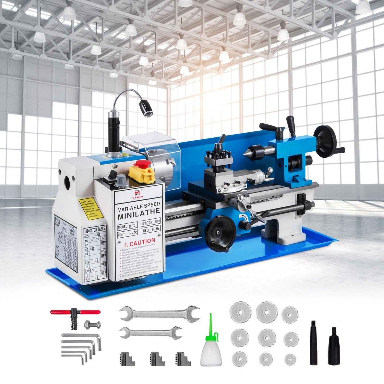 image-VEVOR Metal Lathe 7"x12",Precision Bench Top Mini Metal Lathe 550W, Metal Lathe Variable Speed 50-2500 RPM Nylon Gear With A Movable Lamp for Precision Parts Processing