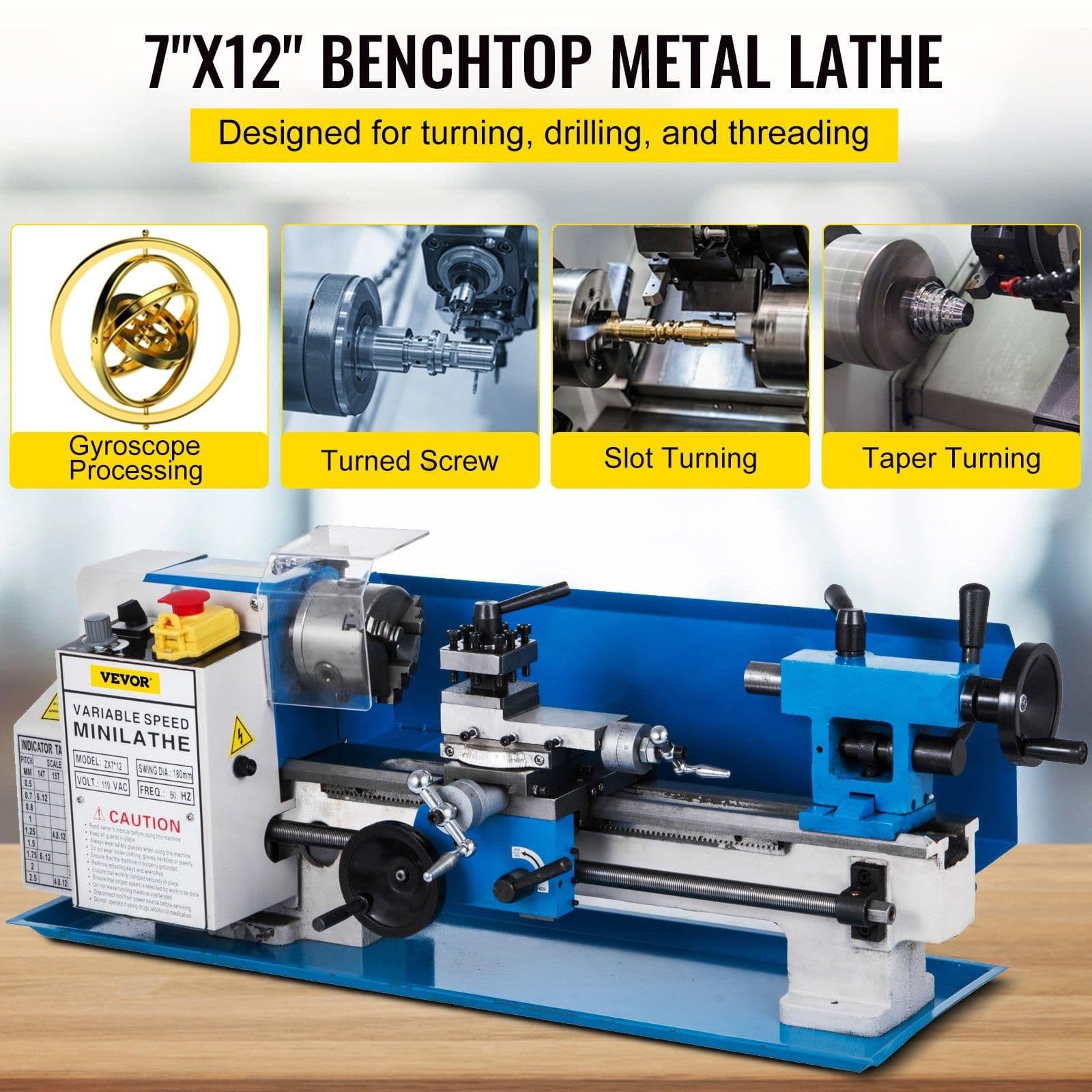 image-VEVOR Metal Lathe 7"x12",Precision Bench Top Mini Metal Lathe 550W, Metal Lathe Variable Speed 50-2500 RPM Nylon Gear With A Movable Lamp for Precision Parts Processing