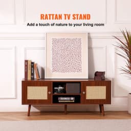 image-VEVOR Rattan TV Stand, Boho TV Cabinet for 55 inch TV, Mid Century Modern TV Stand, Rattan TV Console with Adjustable Shelfs for Living Room, Media Room, Walnut