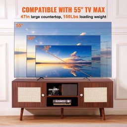 image-VEVOR Rattan TV Stand, Boho TV Cabinet for 55 inch TV, Mid Century Modern TV Stand, Rattan TV Console with Adjustable Shelfs for Living Room, Media Room, Walnut