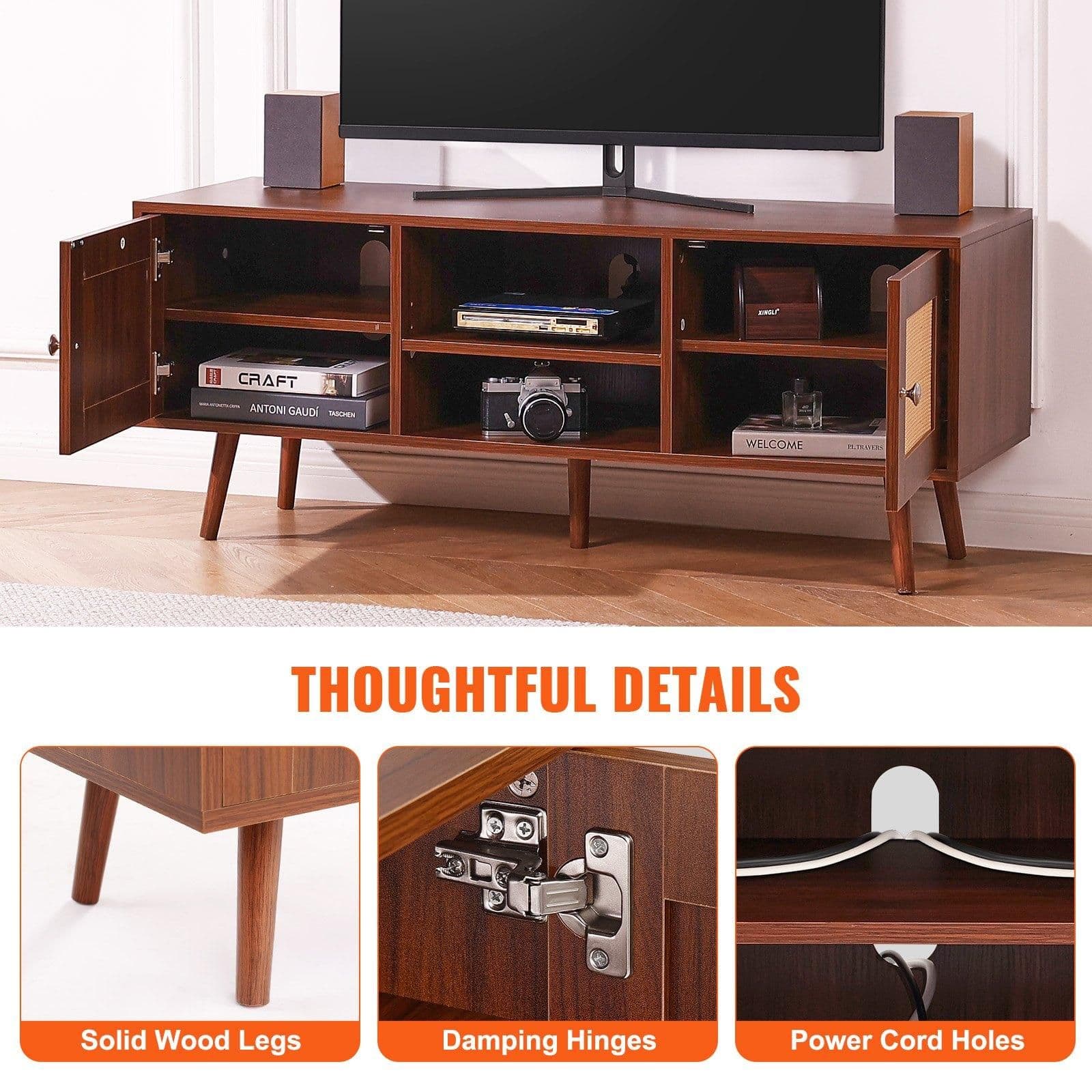 image-VEVOR Rattan TV Stand, Boho TV Cabinet for 55 inch TV, Mid Century Modern TV Stand, Rattan TV Console with Adjustable Shelfs for Living Room, Media Room, Walnut