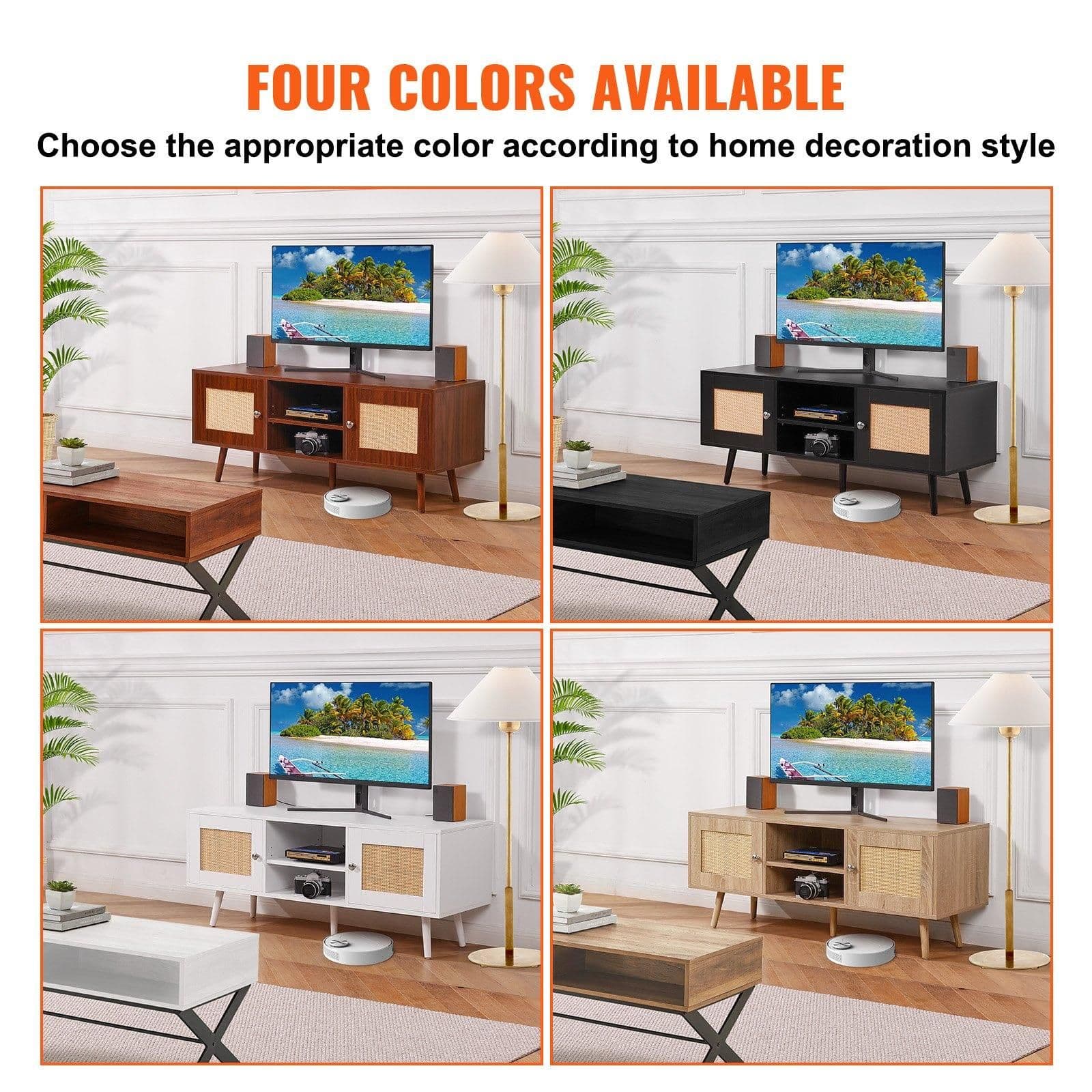 image-VEVOR Rattan TV Stand, Boho TV Cabinet for 55 inch TV, Mid Century Modern TV Stand, Rattan TV Console with Adjustable Shelfs for Living Room, Media Room, Walnut