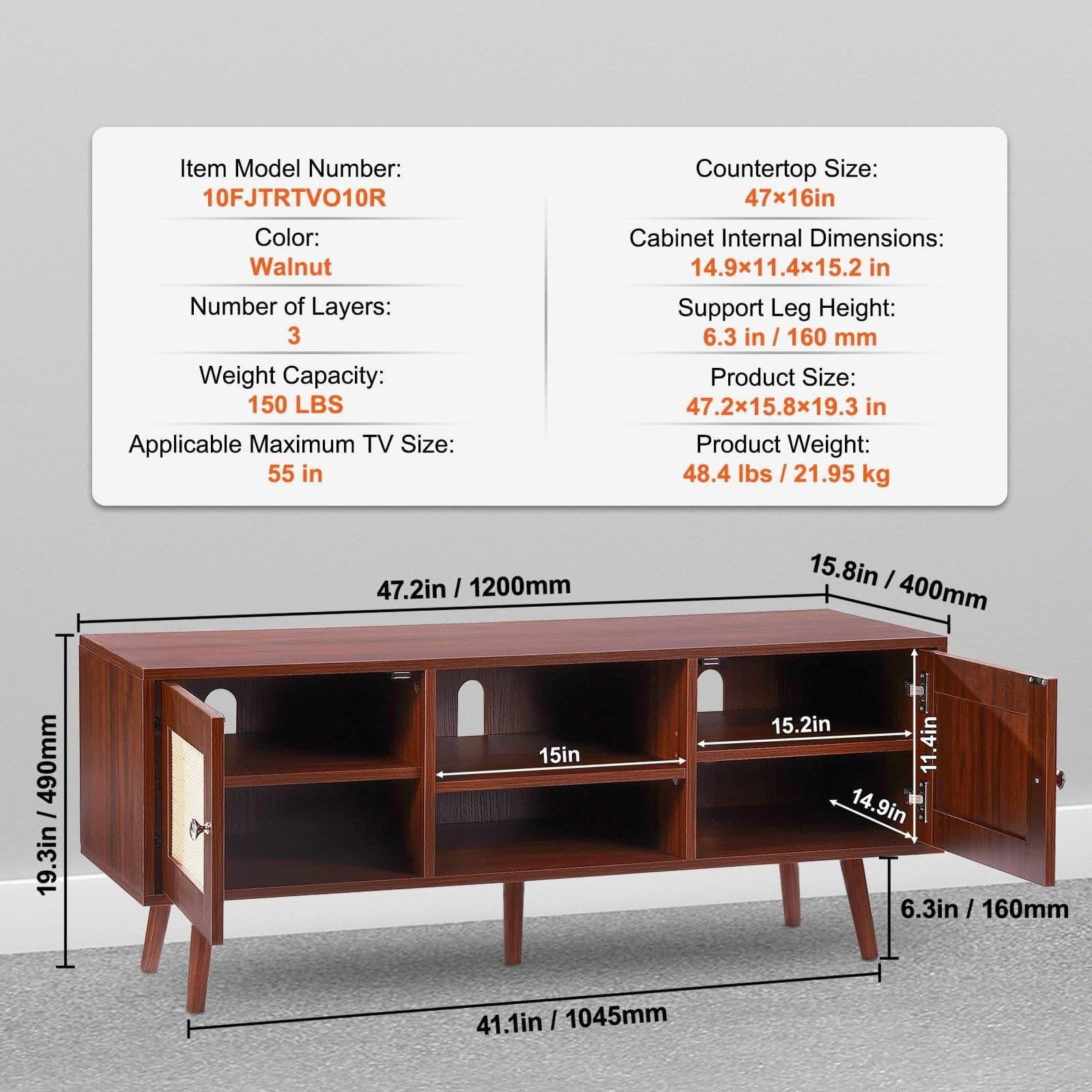image-VEVOR Rattan TV Stand, Boho TV Cabinet for 55 inch TV, Mid Century Modern TV Stand, Rattan TV Console with Adjustable Shelfs for Living Room, Media Room, Walnut