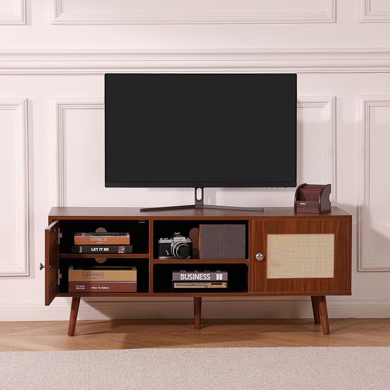 image-VEVOR Rattan TV Stand, Boho TV Cabinet for 55 inch TV, Mid Century Modern TV Stand, Rattan TV Console with Adjustable Shelfs for Living Room, Media Room, Walnut