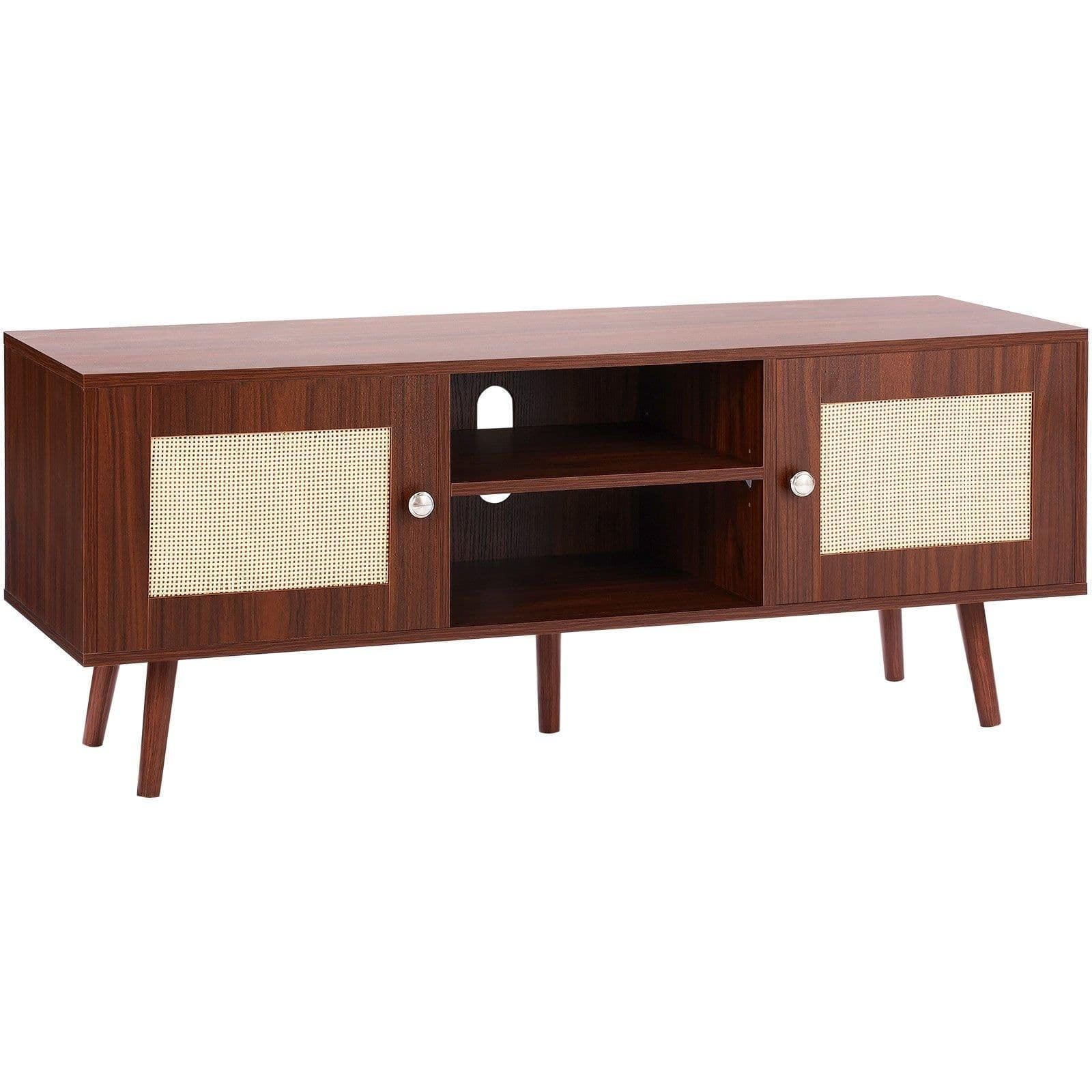 image-VEVOR Rattan TV Stand, Boho TV Cabinet for 55 inch TV, Mid Century Modern TV Stand, Rattan TV Console with Adjustable Shelfs for Living Room, Media Room, Walnut