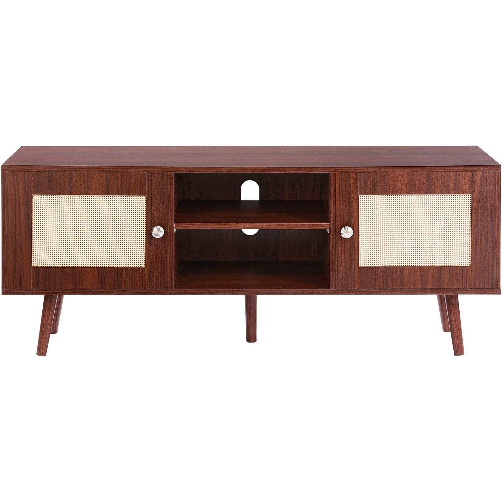 image-VEVOR Rattan TV Stand, Boho TV Cabinet for 55 inch TV, Mid Century Modern TV Stand, Rattan TV Console with Adjustable Shelfs for Living Room, Media Room, Walnut