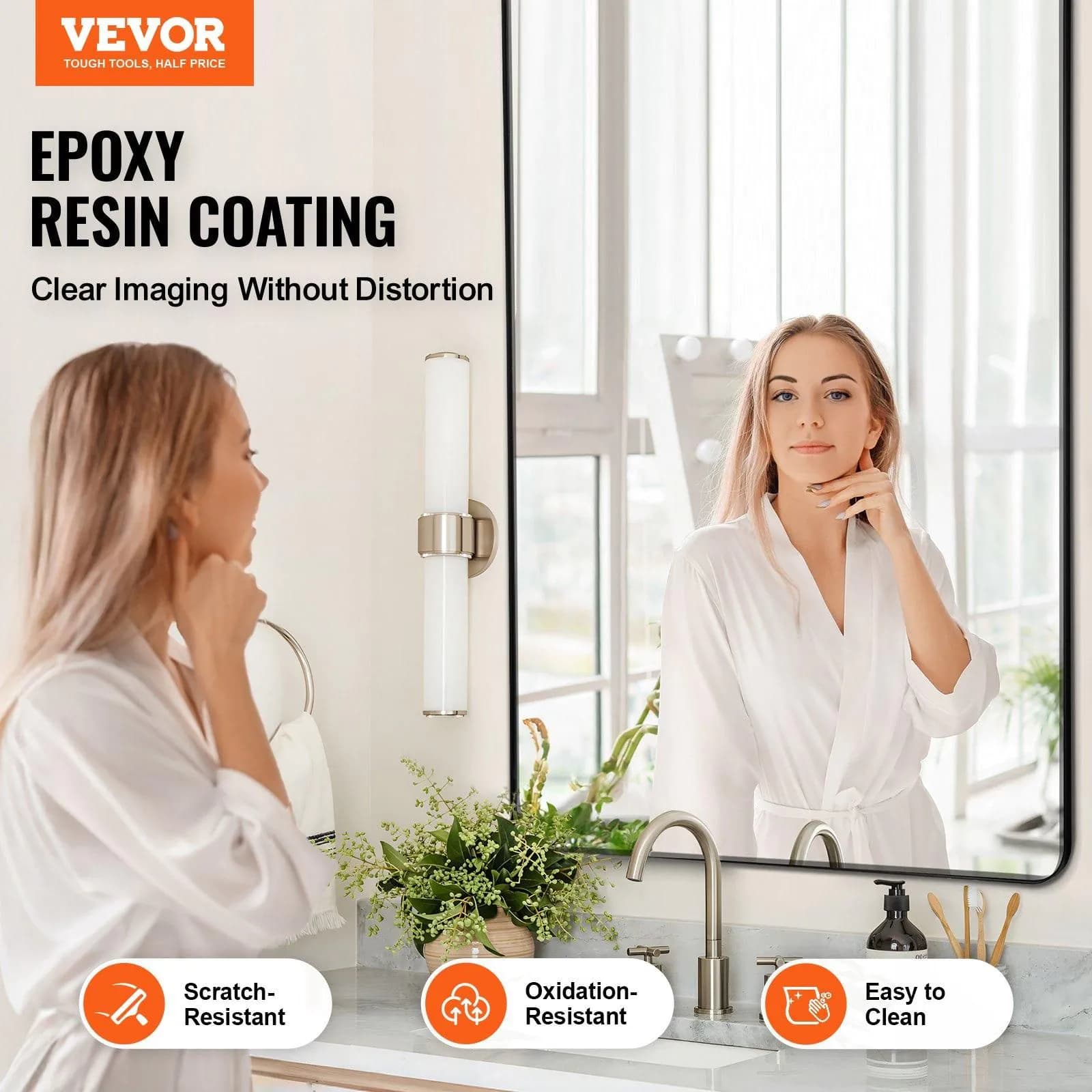 image-VEVOR Wall Mounted Makeup Mirror, 0.15" Thick, 36" x 72" Mirror with Aluminium Alloy Frame & Explosion-Proof Film, Scratch-Resistant Mirror with Z-Shaped Bracket, Fit for Bathroom/Bedroom/Living Room